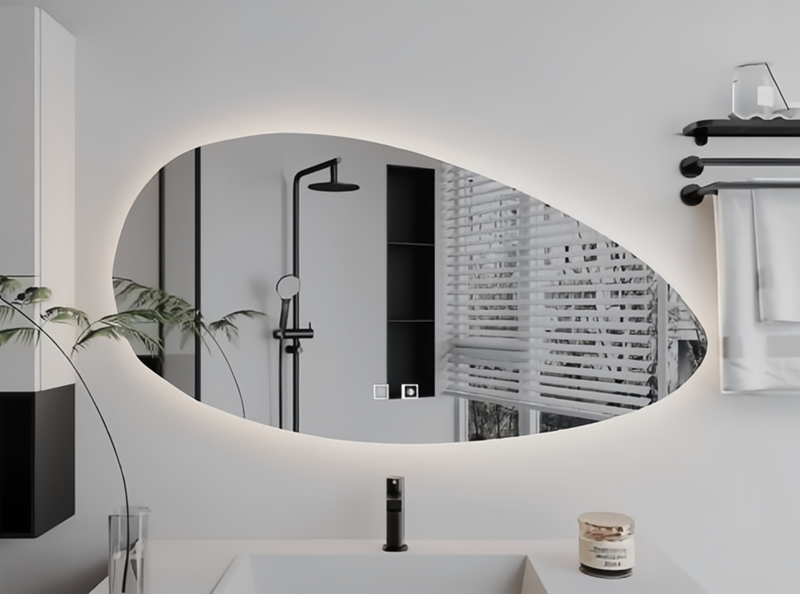Custom Bathroom Vanity Mirror Asymmetric Pebble Shaped Frameless Mirror with LED Wholesale Z-012