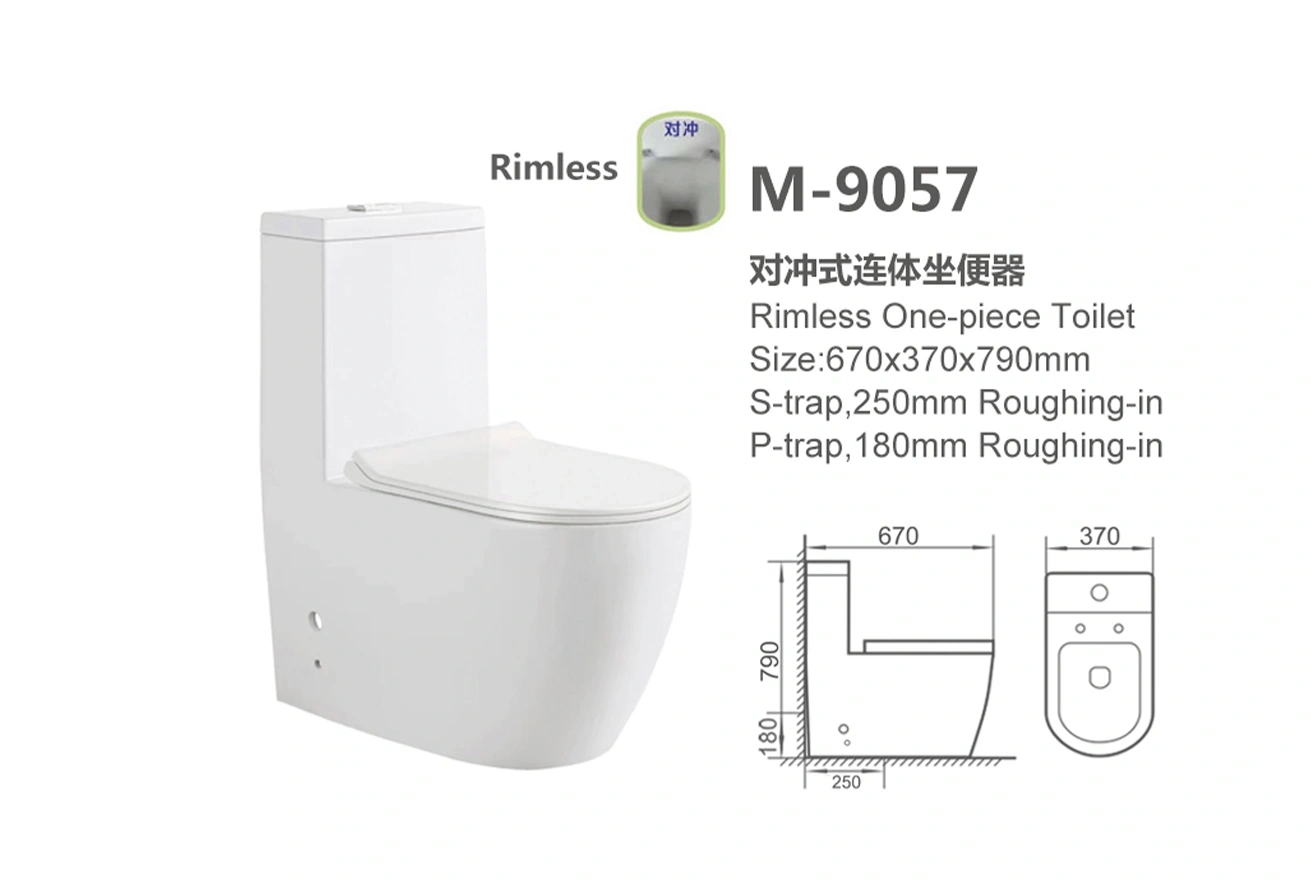 Rimless One-Piece Toilet Custom, White Ceramic Washdown Toilet with Slim Rounded Design M-9057 Wholesale
