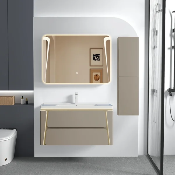 Wholesale Vanity Bathroom Cabinet White Floating PVC Design with Double Drawer SJP1048