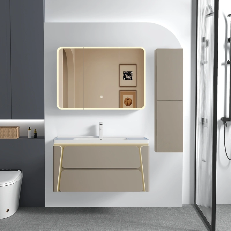 Wholesale Vanity Bathroom Cabinet White Floating PVC Design with Double Drawer SJP1048