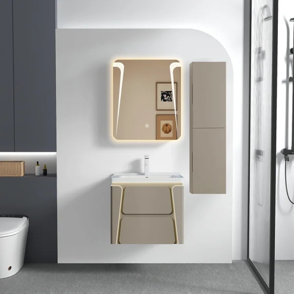 Wholesale Vanity Bathroom Cabinet White Floating PVC Design with Double Drawer SJP1048
