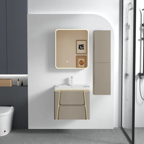 Wholesale Vanity Bathroom Cabinet White Floating PVC Design with Double Drawer SJP1048