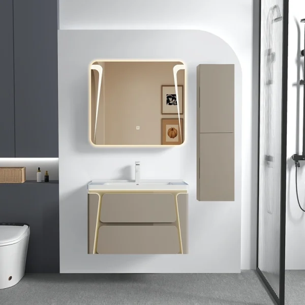 Wholesale Vanity Bathroom Cabinet White Floating PVC Design with Double Drawer SJP1048