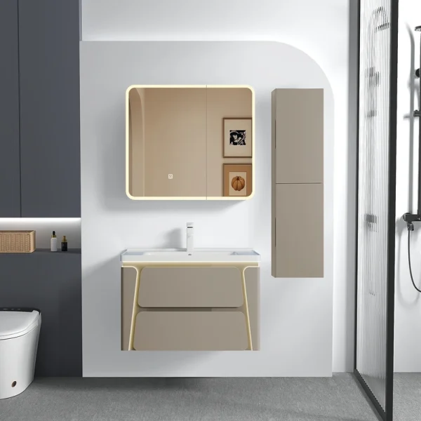 Wholesale Vanity Bathroom Cabinet White Floating PVC Design with Double Drawer SJP1048