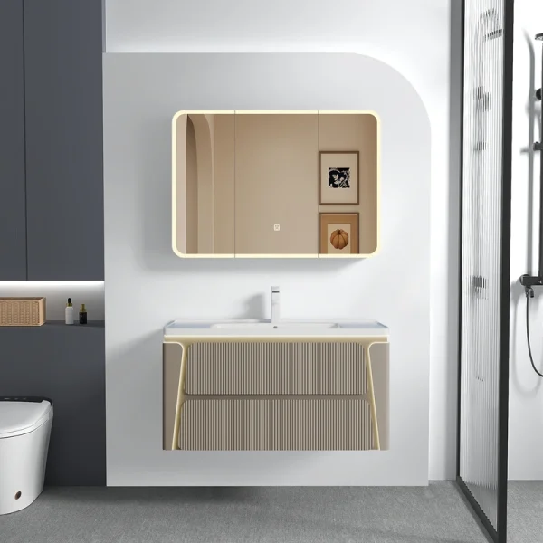 Bathroom Custom Cabinets Wall-Mounted Bathroom Vanity with Fluted Drawer Smart Mirror SJP1046 in Bulk