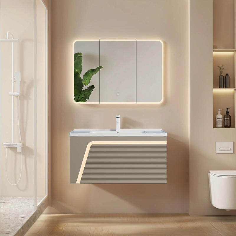 Armários personalizados para casas de banho: Móvel de casa de banho em PVC com design suspenso e lavatório em cerâmica – Fabricante SJP1001