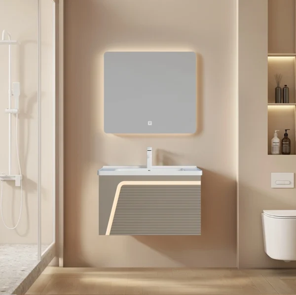 Armários personalizados para casas de banho: Móvel de casa de banho em PVC com design suspenso e lavatório em cerâmica – Fabricante SJP1001