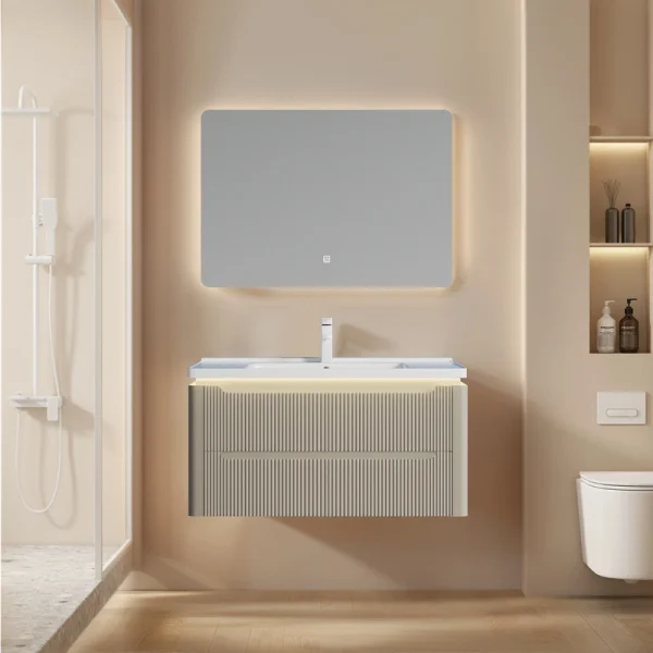 Custom Modern Bathroom Cabinets Cream Khaki Fluted PVC With Warm LED, Ceramic Basin in Bulk SJP1002