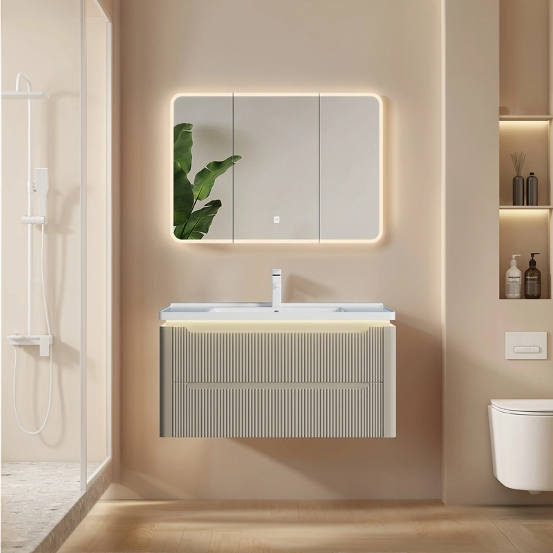 Custom Modern Bathroom Cabinets Cream Khaki Fluted PVC With Warm LED, Ceramic Basin in Bulk SJP1002