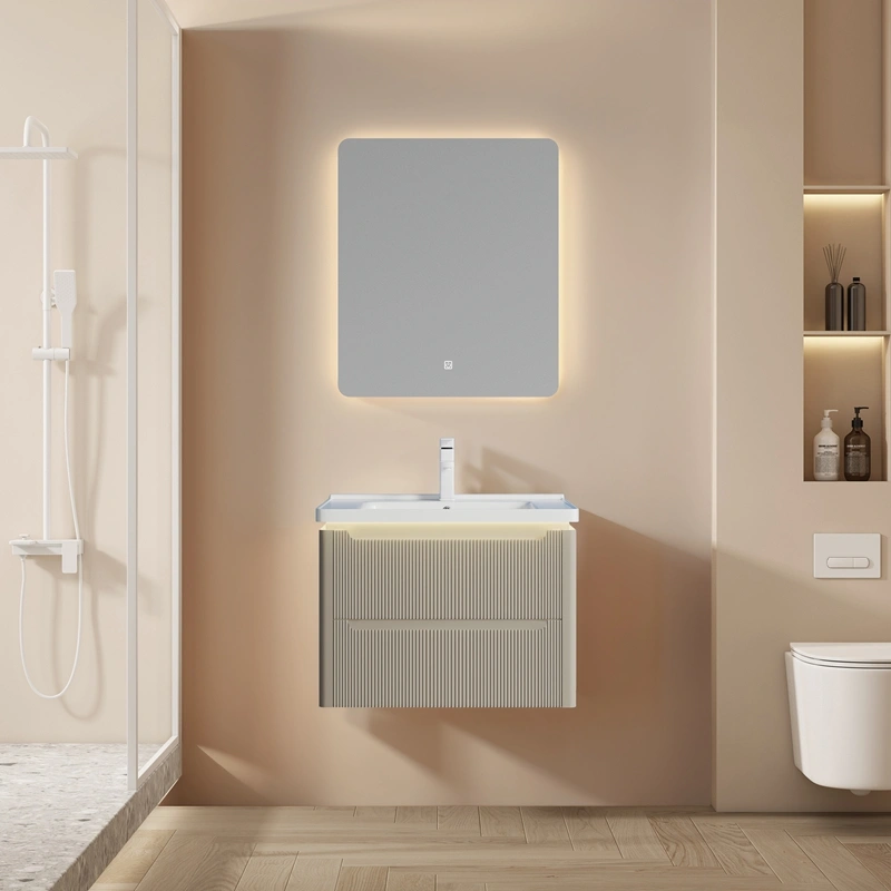 Custom Modern Bathroom Cabinets Cream Khaki Fluted PVC With Warm LED, Ceramic Basin in Bulk SJP1002