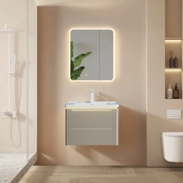 Custom Modern Bathroom Cabinets Cream Khaki Fluted PVC With Warm LED, Ceramic Basin in Bulk SJP1002