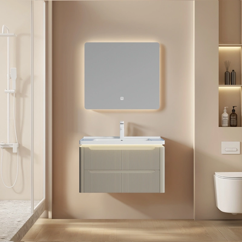 Custom Modern Bathroom Cabinets Cream Khaki Fluted PVC With Warm LED, Ceramic Basin in Bulk SJP1002