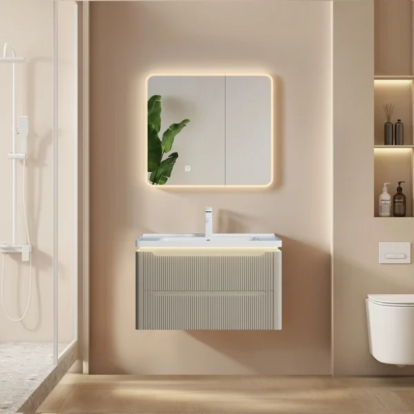 Custom Modern Bathroom Cabinets Cream Khaki Fluted PVC With Warm LED, Ceramic Basin in Bulk SJP1002