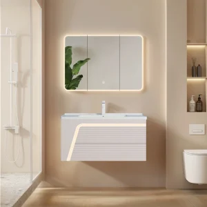 Bathroom Custom Vanities Cream White, Wave Fluted PVC Wall Mount Bathroom Cabinet for Hotel SJP1001