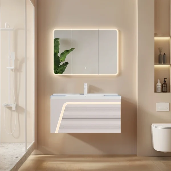 Móveis de casa de banho personalizados em branco creme, armário de casa de banho em PVC com acabamento ondulado, para montagem na parede, para hotéis SJP1001