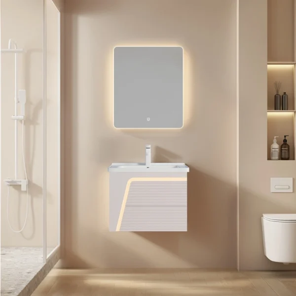Móveis de casa de banho personalizados em branco creme, armário de casa de banho em PVC com acabamento ondulado, para montagem na parede, para hotéis SJP1001