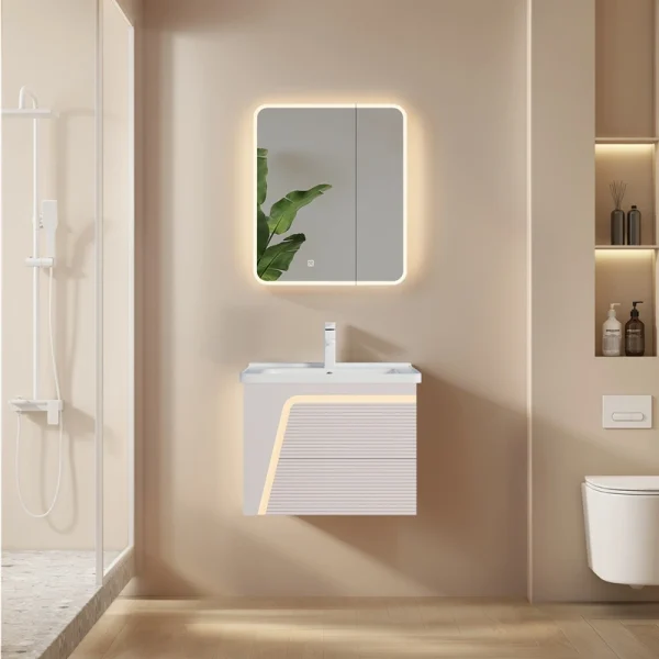 Móveis de casa de banho personalizados em branco creme, armário de casa de banho em PVC com acabamento ondulado, para montagem na parede, para hotéis SJP1001