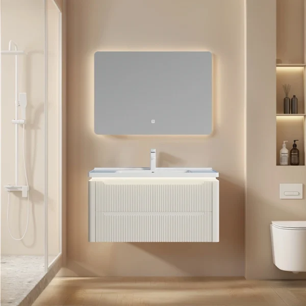 Wholesale Bathroom Vanity PVC Fluted Design with LED Light Modern Fluted Waterproof Design SJP1002