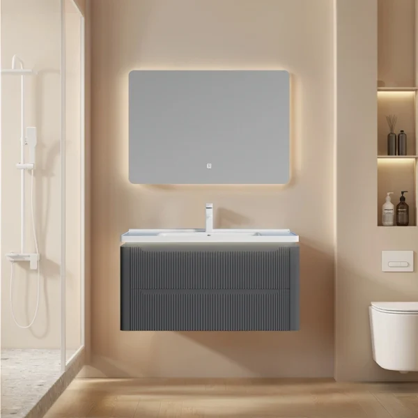 Wholesale Grey Bathroom Vanity Matte Fluted PVC Floating Design with Ceramic Basin for Projects SJP1002