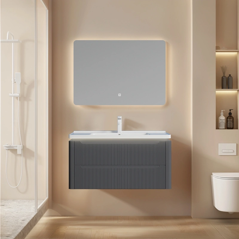 Wholesale Grey Bathroom Vanity Matte Fluted PVC Floating Design with Ceramic Basin for Projects SJP1002-100-Grey-1