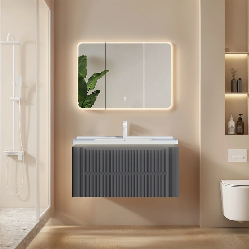 Wholesale Grey Bathroom Vanity Matte Fluted PVC Floating Design with Ceramic Basin for Projects SJP1002
