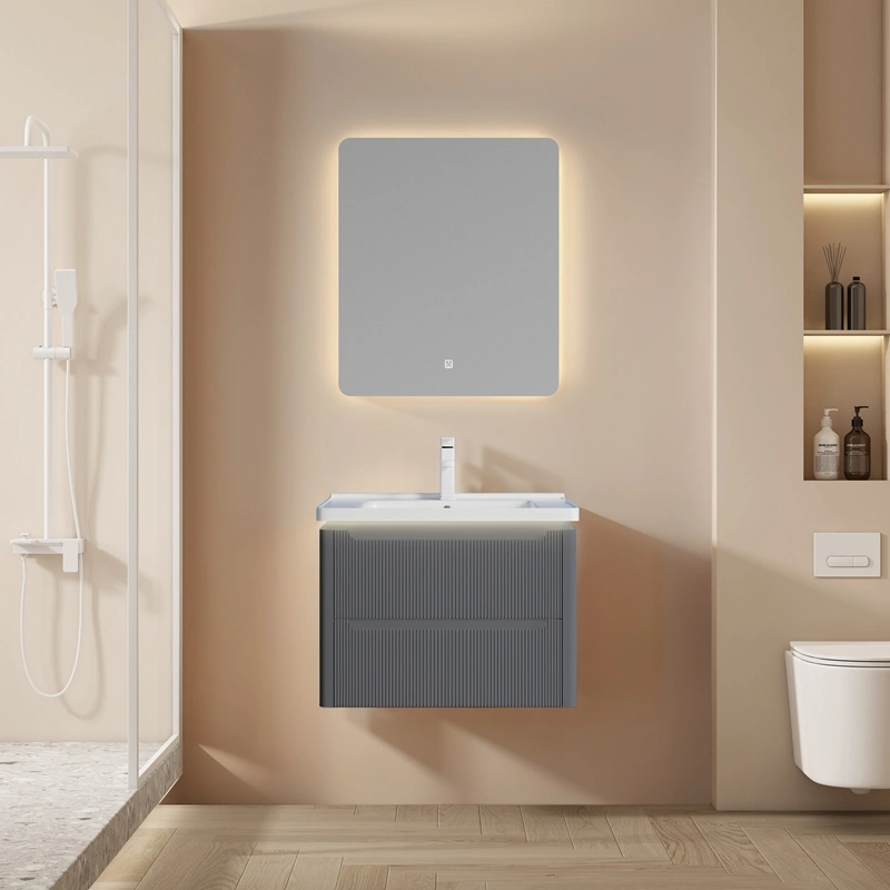 Wholesale Grey Bathroom Vanity Matte Fluted PVC Floating Design with Ceramic Basin for Projects SJP1002