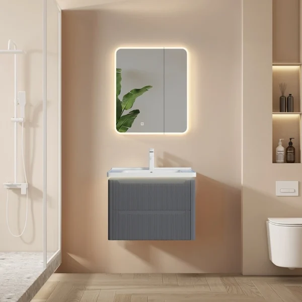 Wholesale Grey Bathroom Vanity Matte Fluted PVC Floating Design with Ceramic Basin for Projects SJP1002