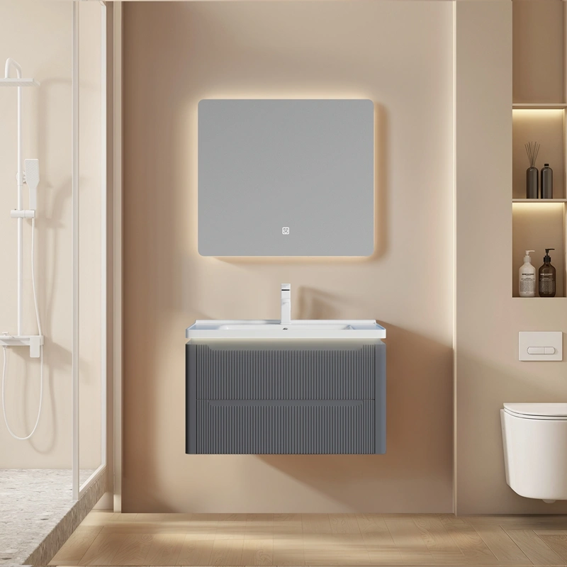 Wholesale Grey Bathroom Vanity Matte Fluted PVC Floating Design with Ceramic Basin for Projects SJP1002