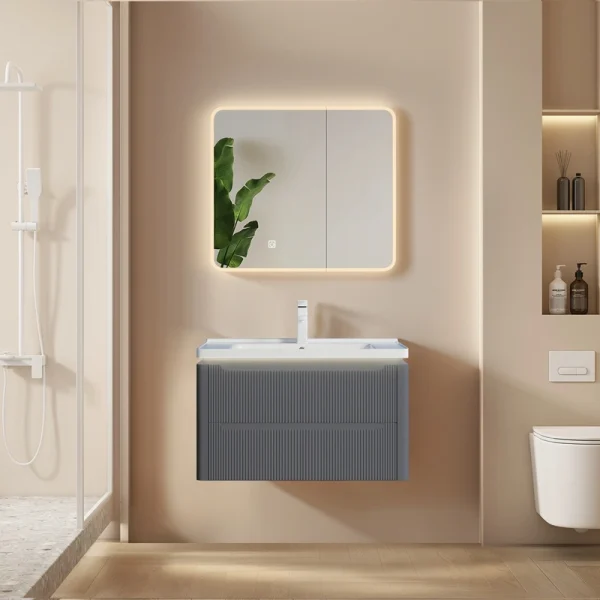 Wholesale Grey Bathroom Vanity Matte Fluted PVC Floating Design with Ceramic Basin for Projects SJP1002