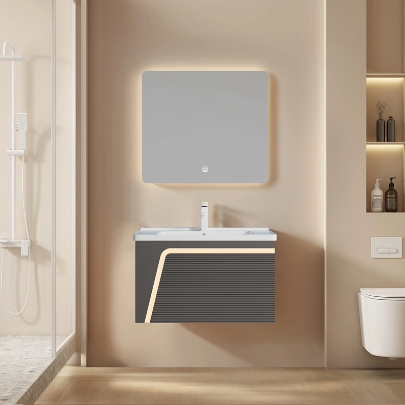 Custom Made Bathroom Cabinets Wall Hanging PVC Vanity Manufacturer with LED Mirror SJP1001