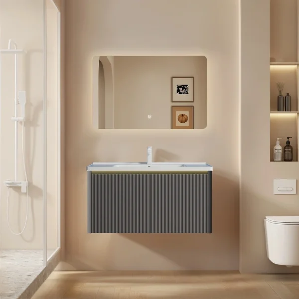 Wholesale Modern Style Bathroom Vanity with Fluted PVC Cabinet, Rounded LED Anti-Fog Mirror SJP1003