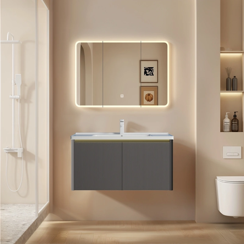 Wholesale Modern Style Bathroom Vanity with Fluted PVC Cabinet, Rounded LED Anti-Fog Mirror SJP1003