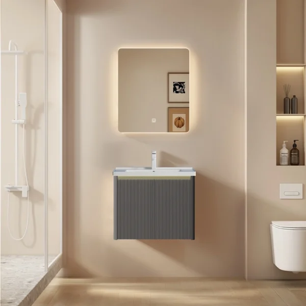 Wholesale Modern Style Bathroom Vanity with Fluted PVC Cabinet, Rounded LED Anti-Fog Mirror SJP1003
