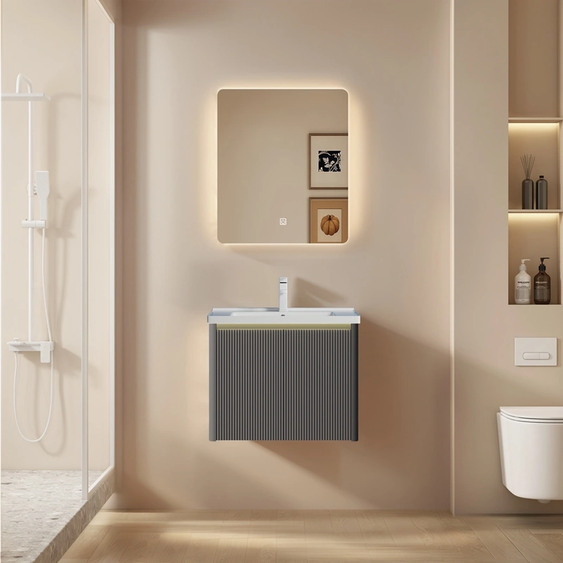Wholesale Modern Style Bathroom Vanity with Fluted PVC Cabinet, Rounded LED Anti-Fog Mirror SJP1003