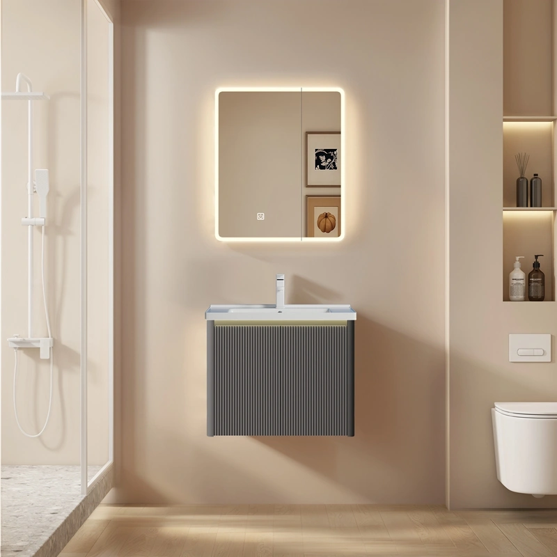 Wholesale Modern Style Bathroom Vanity with Fluted PVC Cabinet, Rounded LED Anti-Fog Mirror SJP1003