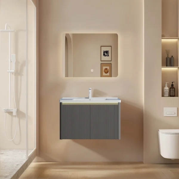 Wholesale Modern Style Bathroom Vanity with Fluted PVC Cabinet, Rounded LED Anti-Fog Mirror SJP1003