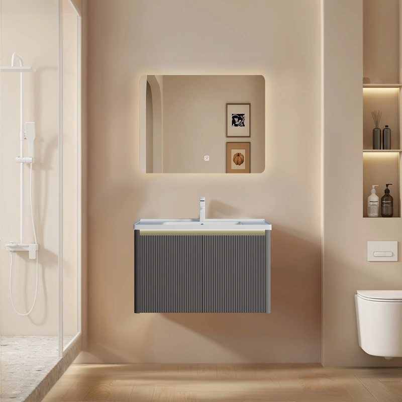 Wholesale Modern Style Bathroom Vanity with Fluted PVC Cabinet, Rounded LED Anti-Fog Mirror SJP1003