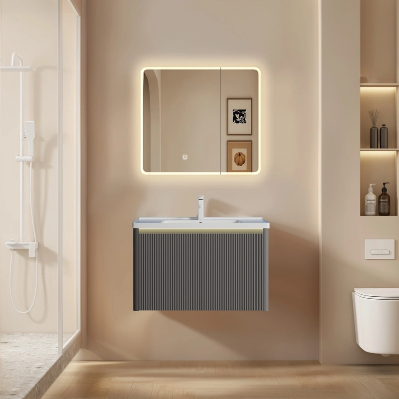 Wholesale Modern Style Bathroom Vanity with Fluted PVC Cabinet, Rounded LED Anti-Fog Mirror SJP1003
