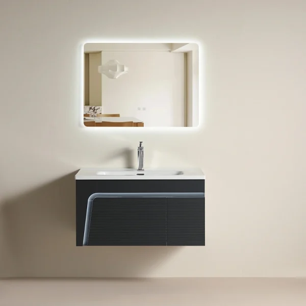 Custom Made Bathroom Vanities Floating Grey Bathroom Vanity with Curved Ambient LED Strip, Fluted Front & Soft-Close Drawers SJP1005