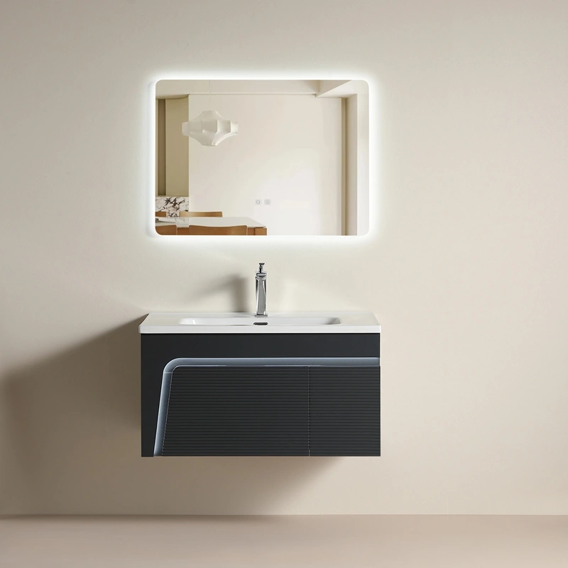 Custom Made Bathroom Vanities Floating Grey Bathroom Vanity with Curved Ambient LED Strip, Fluted Front & Soft-Close Drawers SJP1005