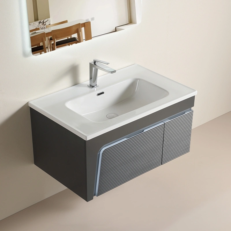 Custom Made Bathroom Vanities Floating Grey Bathroom Vanity with Curved Ambient LED Strip, Fluted Front & Soft-Close Drawers SJP1005