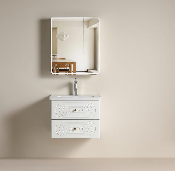 Custom Floating Bathroom Vanity with Drawers, Moisture-Resistant Plywood Cabinet with Double Storage, 3D Ripple Fronts, Gold Knobs SJW502