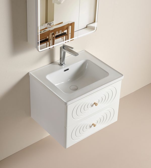 Custom Floating Bathroom Vanity with Drawers, Moisture-Resistant Plywood Cabinet with Double Storage, 3D Ripple Fronts, Gold Knobs SJW502
