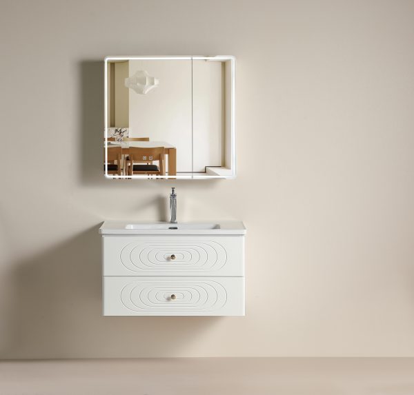 Custom Floating Bathroom Vanity with Drawers, Moisture-Resistant Plywood Cabinet with Double Storage, 3D Ripple Fronts, Gold Knobs SJW502