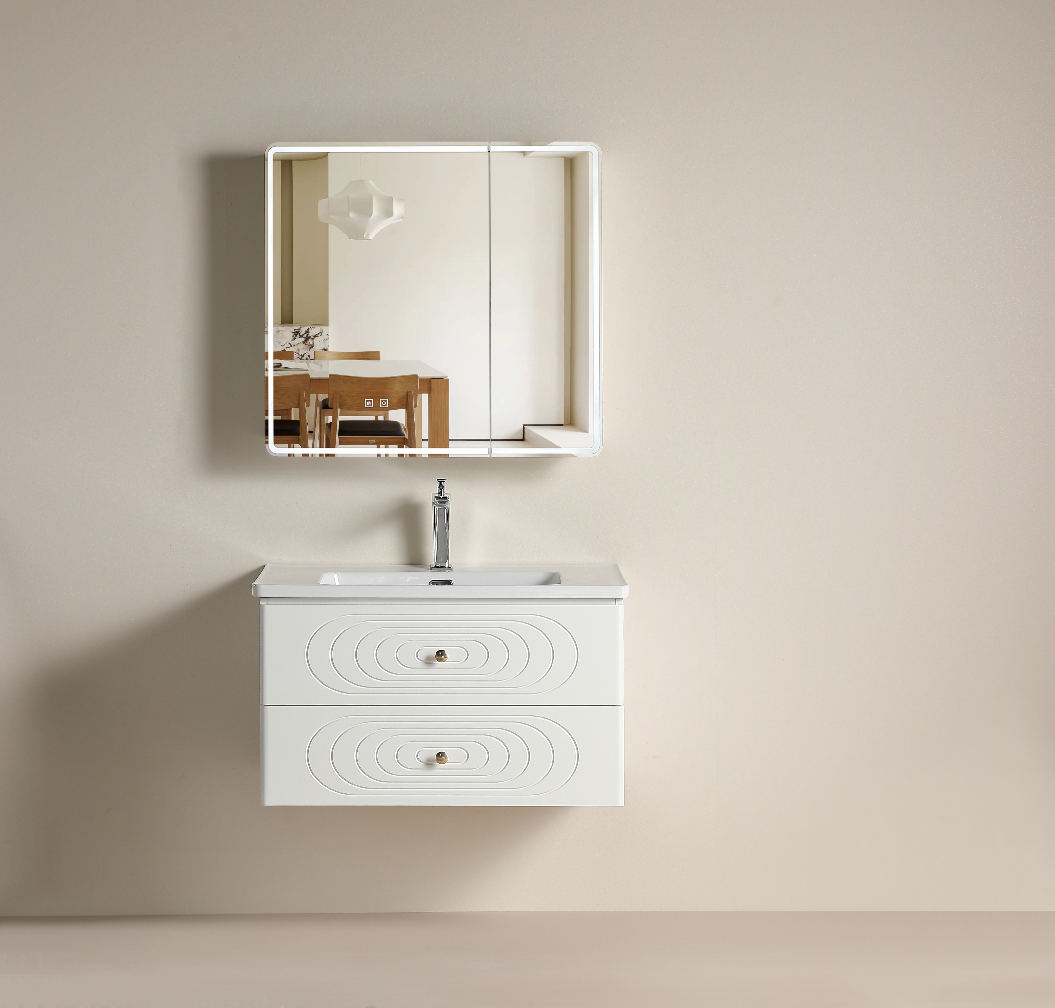 Custom Floating Bathroom Vanity with Drawers, Moisture-Resistant Plywood Cabinet with Double Storage, 3D Ripple Fronts, Gold Knobs SJW502