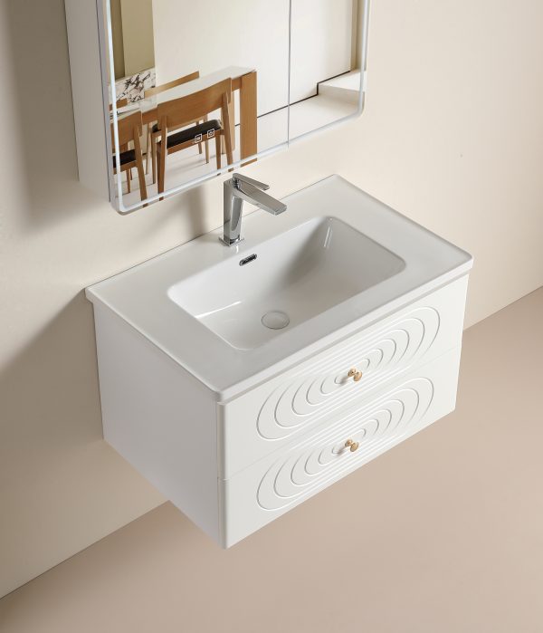 Custom Floating Bathroom Vanity with Drawers, Moisture-Resistant Plywood Cabinet with Double Storage, 3D Ripple Fronts, Gold Knobs SJW502