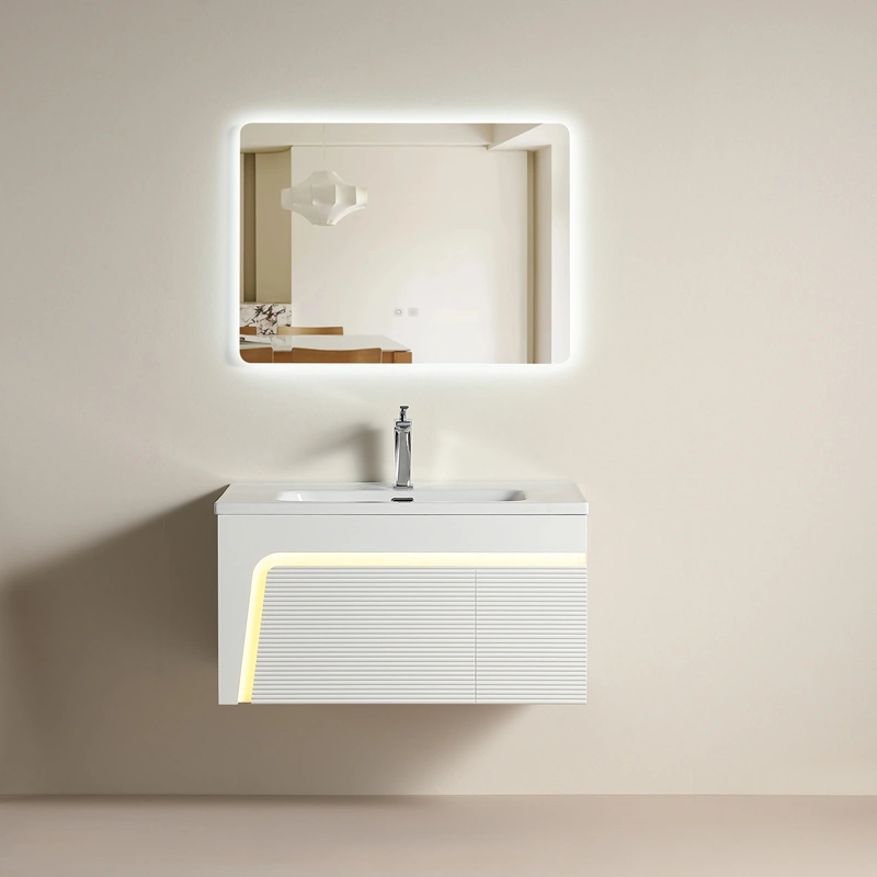 Wholesale White Floating Bathroom Vanity with Sink Modern Curved LED Design, Textured Fluted Panel & Solid Wood Cabinet SJP1005
