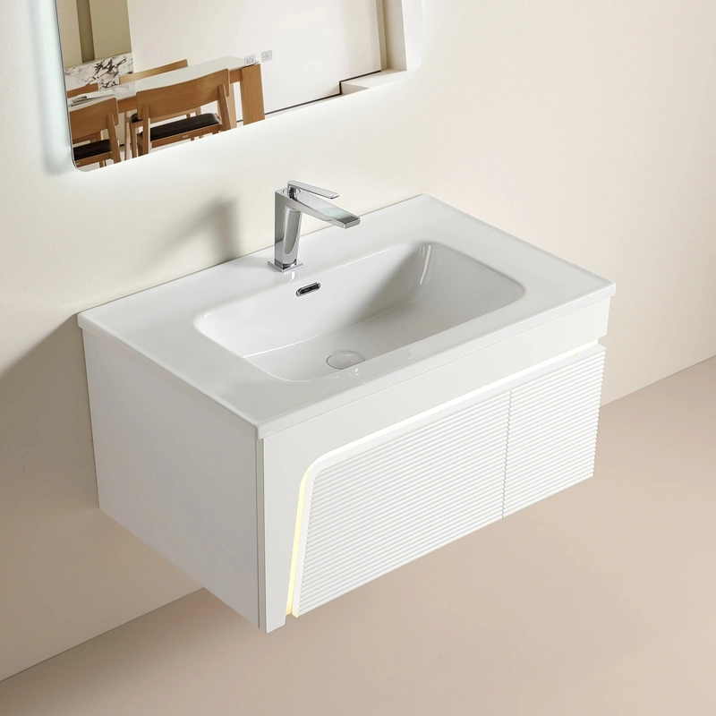 Wholesale White Floating Bathroom Vanity with Sink Modern Curved LED Design, Textured Fluted Panel & Solid Wood Cabinet SJP1005