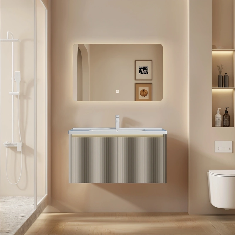 Wholesale Wall Mounted Bathroom Cabinet with Sink, Cream Style PVC Vanity with Fluted Double Doors & LED Mirror SJP1003