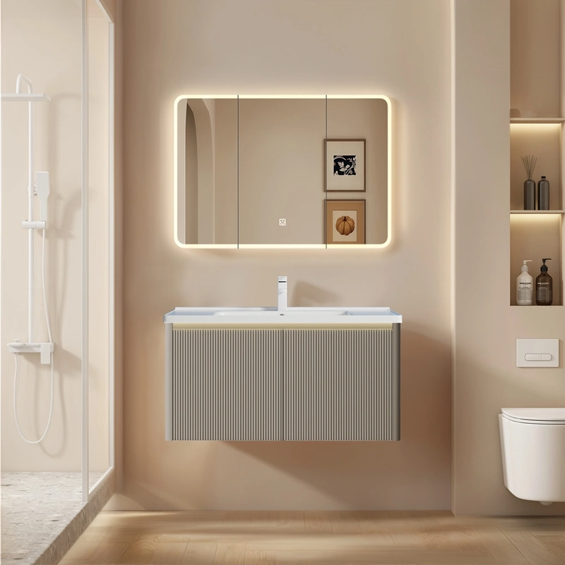 Wholesale Wall Mounted Bathroom Cabinet with Sink, Cream Style PVC Vanity with Fluted Double Doors & LED Mirror SJP1003